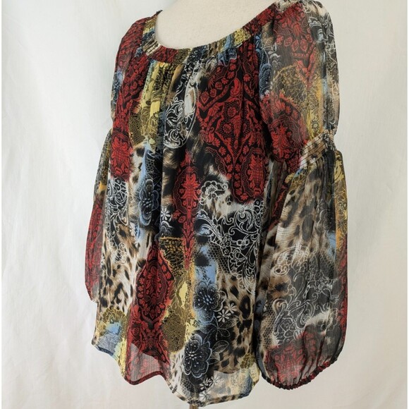Alberto Makali Sheer Top Women's LG Abstract Floral Bishop Sleeves - Picture 3 of 7